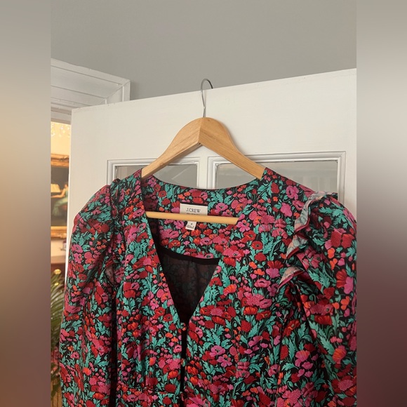 J.Crew Collection Drapey Puff Sleeve Dress Ratti Red Blooms Size 4 Maxi Sheath - Picture 4 of 16